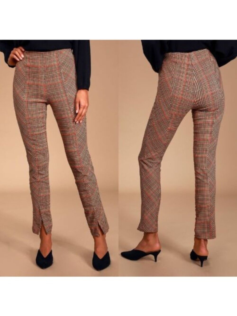 Free People Flyin High Black and Tan Plaid Slit Hem Skinny Pants Women's 12